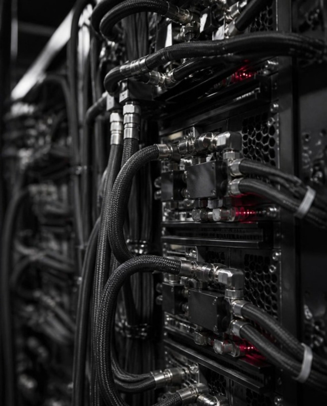 GPU servers with direct-to-chip liquid cooling hoses and manifolds